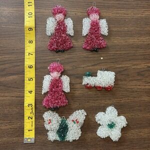 Vintage Handmade Beaded Christmas Ornaments Lot Of 6 Angels Butterfly Train